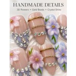 Pastel‑Bloom 3D Floral Press‑On Nails, Medium‑Long Almond Handmade False Nails with Gold Chains & Rhinestones